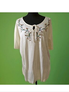 Embroidered Cream Tie-Neck Women's Top Carole Little With Tags Size M